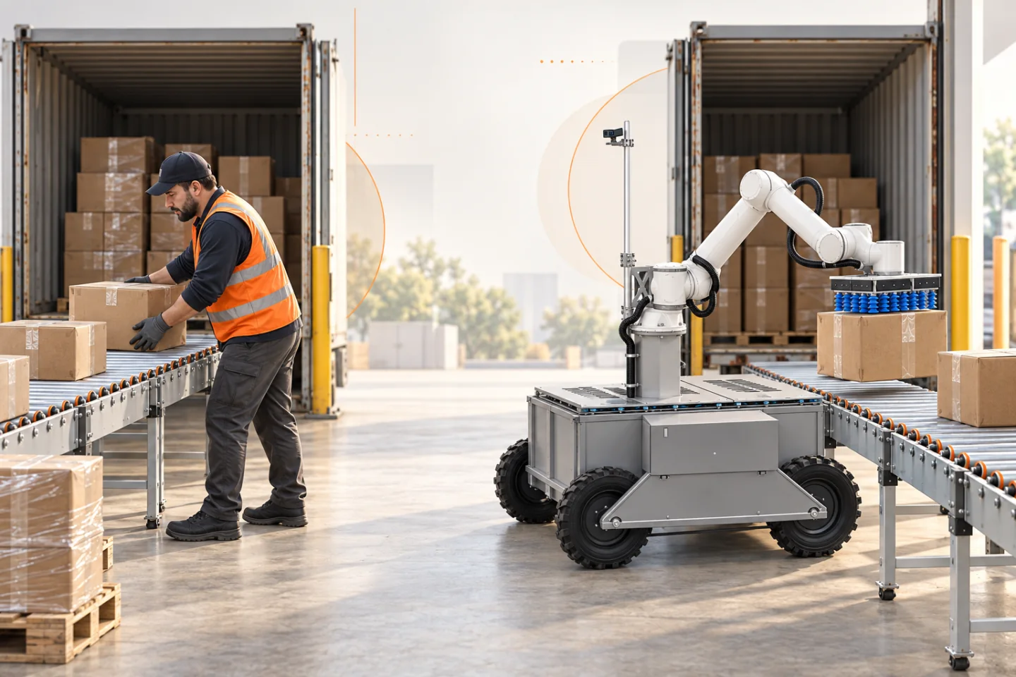 Manual handling and robotic unloading illustrated side by side.