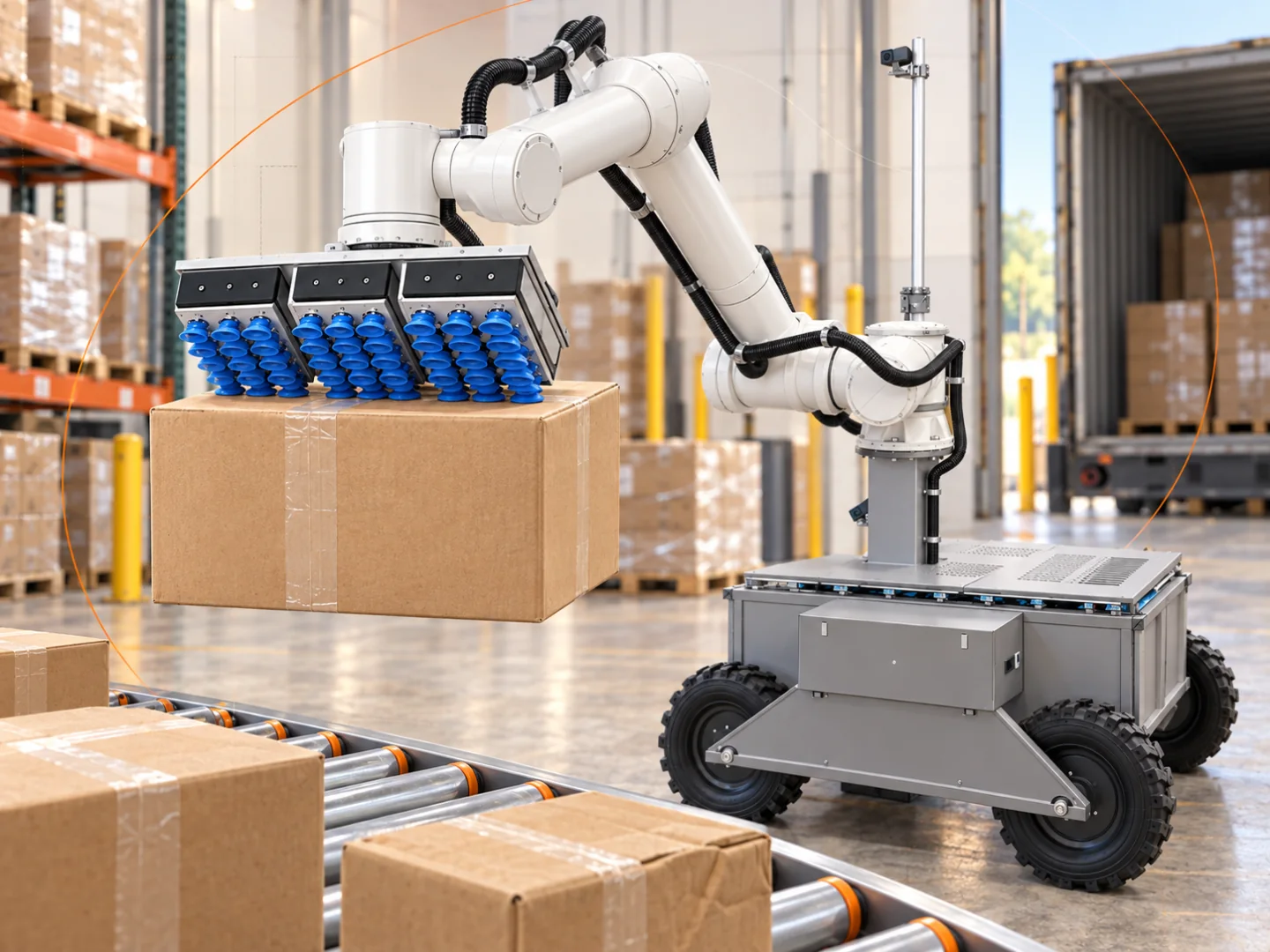 The blue suction cups of the KRONA U1 gripper hold a carton, with the mobile wheeled base behind.